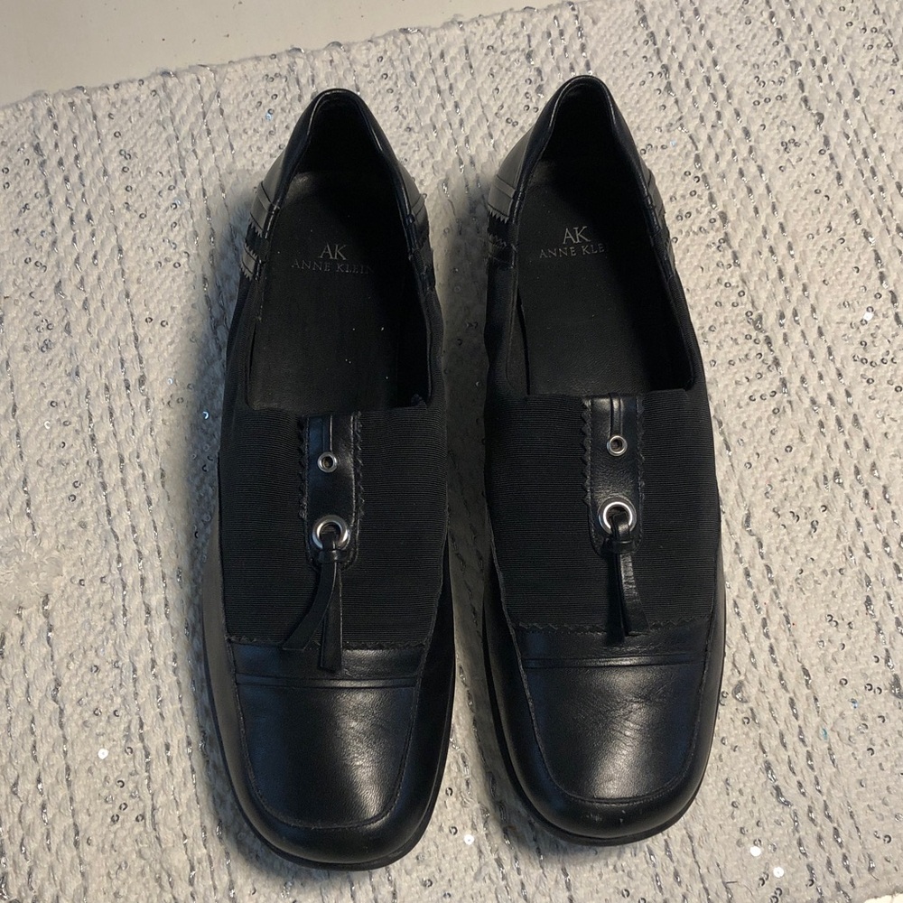 Anne Klein Black Leather Slip-On Loafers with Metal Accent